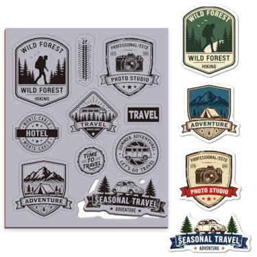Imagem de GLOBLELAND Carimbos de borracha aderentes vintage para viagem, 22 x 17,8 cm, viagem de aventura, EVA, conjunto de carimbos de borracha, ícone de acampamento, para fazer cartões, álbum de fotos, faça