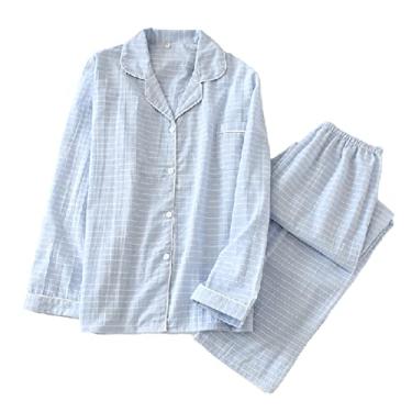 Imagem de HHHJQFAAT Pijama feminino primavera outono casal pijama masculino feminino manga longa conjunto de roupa de dormir solto roupa de casa (azul masculino médio)
