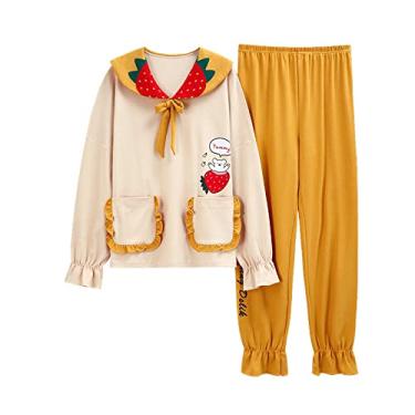 Imagem de HHHJQFAAT Conjunto de pijama plus size com desenho animado feminino pijama pijama estilo princesa colar de boneca (amarelo grande)