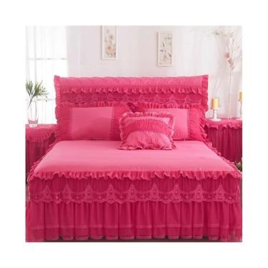 Imagem de Conjunto de cama de renda com babados e princesa chique, 1 colcha de renda com 2 fronhas (rosa rosa, King 200 x 220 cm, 3 peças)
