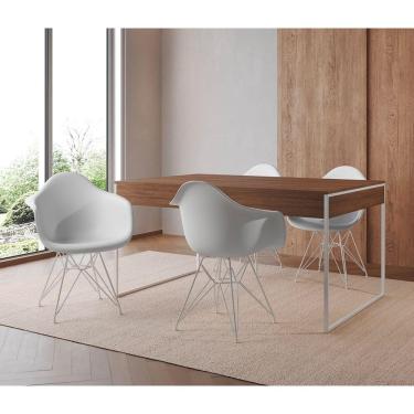 Imagem de Mesa Jantar Industrial Amêndoa 137X90Cm Com 4 Poltronas Brancas Base Ferro B Cor: Amendoa