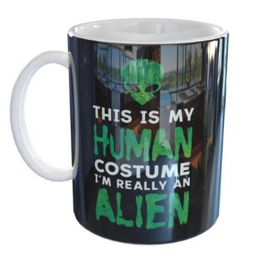 Imagem de Caneca Porcelana Alien Humano Engraçada Et - Pense Canecas, Branco