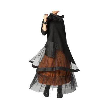 Imagem de Vestido Maxi Preto plus Size Com Patchwork Em Tule, Manga Longa, Gola 