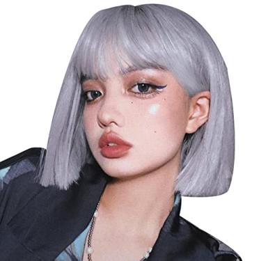 Imagem de YBY Conjunto de cabelo peruca cinza prata peruca cabelo curto feminino Bob fibra natural perucas cabelo cabelo