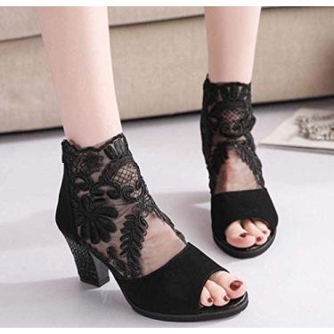 Imagem de Sandálias femininas renda malha inserção botas de salto grosso zíper salto tornozelo casual dedo aberto renda festa sapatos simples, preto, 38 UE, atualizado1