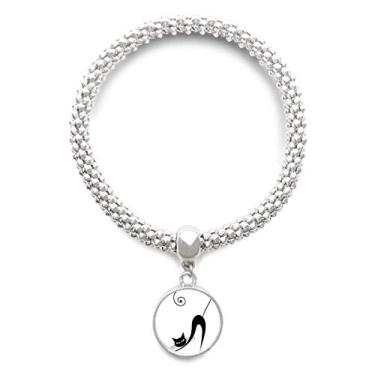 Imagem de DIYthinker Bracelete de prata com pingente de gato preto elástico para Dia das Bruxas com desenho de animal