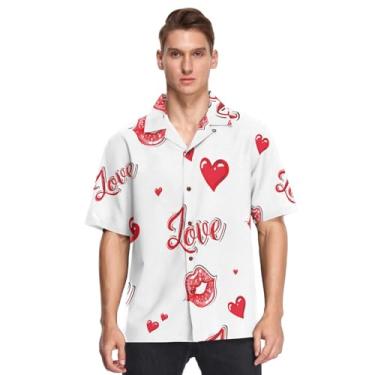 Imagem de Camisa havaiana manga curta abotoada dia dos namorados beijo lábios amor corações vermelhos namoro camisas de vestir para homens, Valentines Kiss Lips Love Red Hearts, M