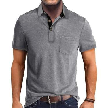 Imagem de Camisa polo masculina atlética de manga curta casual com absorção de umidade camisetas de golfe com colarinho e bolso, Cinza claro, XXG