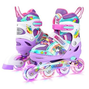 Imagem de Patins em linha unicórnio arco-íris para meninas adolescentes mulheres, lâminas 4-Pejiijar para meninas de 6 a 8 a 12 anos com rodas luminosas, patins ajustáveis para presentes de aniversário e Natal
