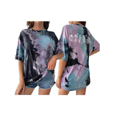 Imagem de SOFIA'S CHOICE Camisetas femininas com estampa nas costas, camisetas tie dye, gola redonda, manga curta, Grama preta roxa, G