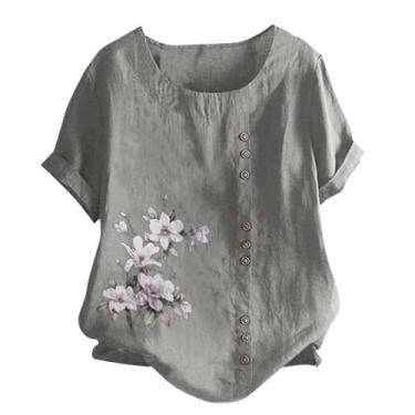 Imagem de Camiseta feminina de algodão e linho, manga curta, gola redonda, casual, solta, blusa floral com botões, Cinza escuro, 3G