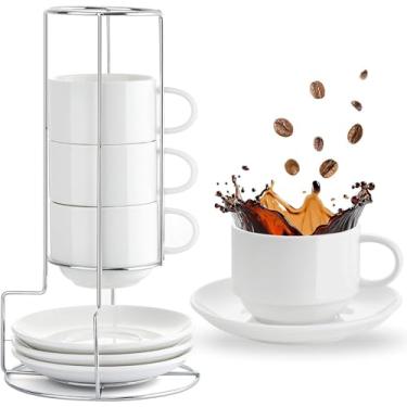 Imagem de Mfacoy Copos de cappuccino de porcelana de 227 g com pires e suporte de metal, xícaras de café empilháveis para bebidas de café especiais, cappuccino, latte, expresso, americano e chá - conjunto de 4