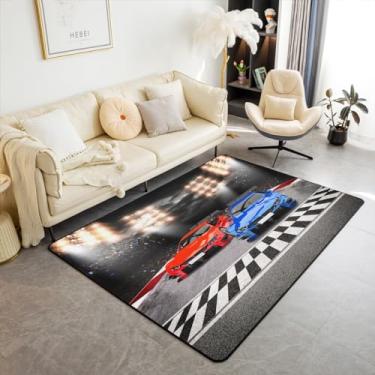 Imagem de Feelyou Tapete decorativo de carro de corrida vermelho azul 3x5 carro de corrida preto para meninos meninas crianças automóvel vibrante sala de estar conjunto de tapetes decoração de quarto tapete de