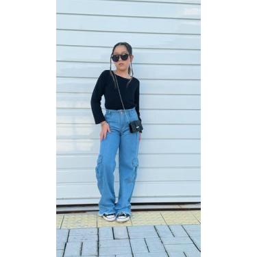 Imagem de Calça Jeans Cargo Feminina Infanto Juvenil Com Bolsos Laterais - Propr