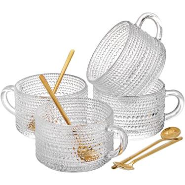 Imagem de ZOOFOX Conjunto de 4 canecas de café de vidro, copos de vidro transparente de 400 ml com colheres douradas, conjunto de xícaras de café vintage em relevo para latte, expresso, cappuccino, cereal,
