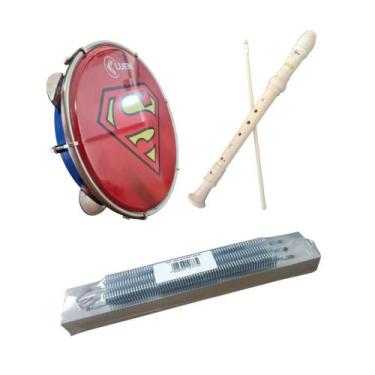 Imagem de Kit Pandeiro Profissional + Flauta Doce+ Reco Reco 3 molas - LUEN