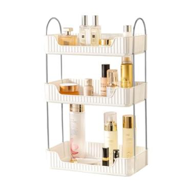 Imagem de Shuang Qing Organizador de cosméticos para balcão de banheiro, branco creme, aço de liga e plástico PET, retangular, em camadas, perfeito para produtos de higiene pessoal e cosméticos