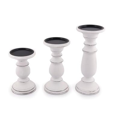 Imagem de Conjunto de 3 castiçais de madeira – Castiçal decorativo esculpido à mão para sala de estar ou mesa central