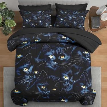 Imagem de Pamnest Jogo de cama casal com estampa de gato, azul e gato, para crianças e adultos, lençol com elástico, 2 fronhas e 2 fronhas para decoração de quarto