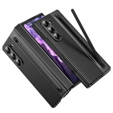 Imagem de Capa para Samsung Galaxy Z Fold 5 com [S Pen] [com protetor de tela e proteção de dobradiça] Capa traseira de couro, capa protetora para celular Samsung Galaxy Z Fold 5 5G com S Pen preta