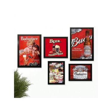 Imagem de Kit 5 Quadros Decoração Placas Area de Churrasco Cerveja Marcas Bar Bu