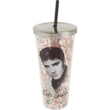 Imagem de Spoontiques - Copo de acrílico preenchido com glitter – Copo com glitter com canudo – 590 ml – Tampa de bloqueio de aço inoxidável com canudo – Parede dupla isolada – Sem BPA – Elvis Presley