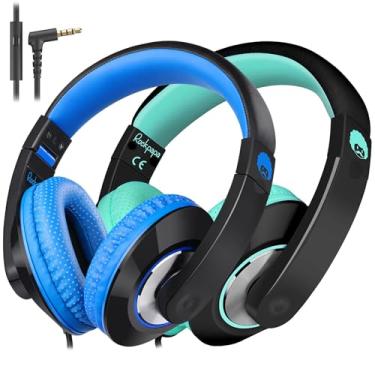 Imagem de rockpapa Comfort+ Fones de ouvido infantis com microfone, meninos e meninas, estudantes, fones de ouvido com fio para sala de aula, laptop, computador, tablet, preto/azul + preto/azul-petróleo