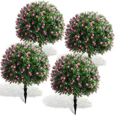 Imagem de Yunlly 4 bolas artificiais de buxo topiária, 68 cm, bolas de buxo ao ar livre com arbusto sintético, resistente a UV, planta arbustiva falsa com ponta para decoração de jardim, varanda e pátio (rosa)