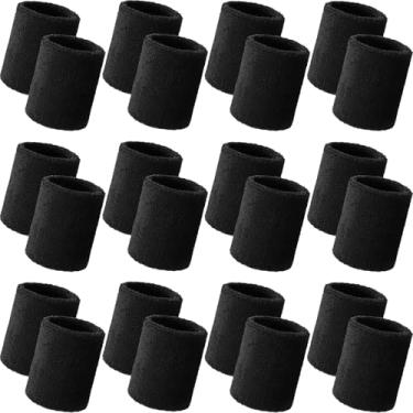 Imagem de Bememo 24 pulseiras de pulso esportivas a granel para homens e mulheres pulseiras de tênis atléticas respiráveis de algodão absorvente elástico felpudo para basquete, beisebol, academia, malhar (preto