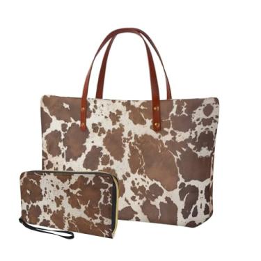 Imagem de Rchsomd Conjunto de 2 peças de bolsa de trabalho e carteira para mulheres, bolsa de ombro portátil com organizadores de dinheiro para compras, Mancha de vaca marrom, One Size