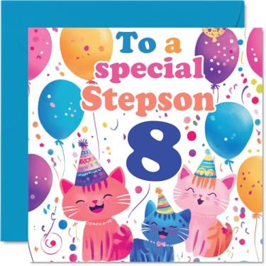 Imagem de Cartão de aniversário 8th Step Son - Cute Cats Special Step Son - Cartão de feliz aniversário de 8 anos para enteado da madrasta, 145 mm x 145 mm, 8 anos, oito cartões comemorativos para enteado