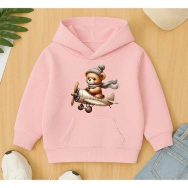 Imagem de Moletom Canguru Infantil Estampa Urso Avião Fofo Pelúcia Piloto Flanel