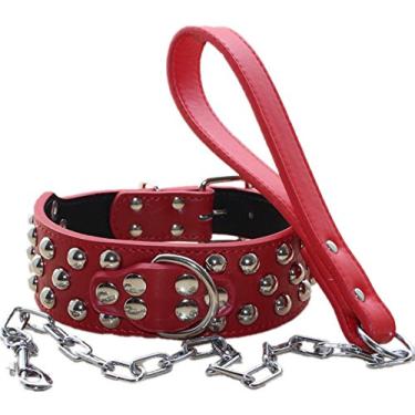Imagem de Coleira para cachorro haoyueer de couro de 5 cm de largura + conjunto de correia para corrente de cachorro de ajuste pesado grande raça pit bull Husky Mastiff Terrierhaoyueer XL vermelho C010011108