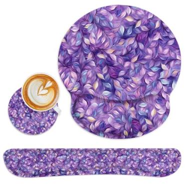Imagem de Britimes Mouse pad com pintura a óleo de folhas roxas, conjunto de 3 peças com suporte de pulso, base de borracha antiderrapante, suporte ergonômico, suporte de almofada de pulso de mouse e