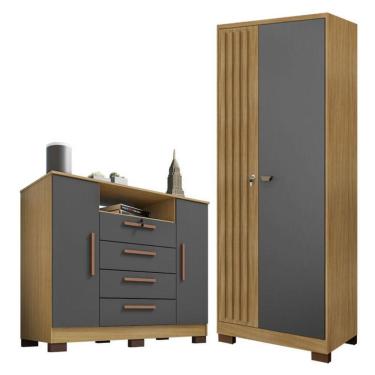 Imagem de Comôda Madri Com Armário Multiuso Versátile Carvalho Americano Grafite – Incorplac