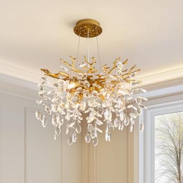 Imagem de witkey Lustre De Cristal Moderno Com Galho De Árvore, Luxuoso, Dourado, Pendente De Cristal, 18" Lustres Contemporâneos De 6 Luzes Para Sala De Jantar, Cozinha, Quarto, Sala De Estar