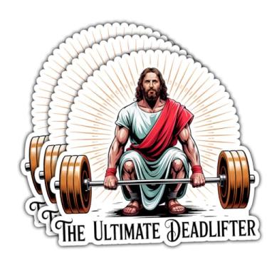 Imagem de Adesivo de vinil com 3 peças The Ultimate Deadlifter – Funny Jesus Lifting Weights Gym Parody Vinyl Decal à prova d'água para laptop, garrafa de água, copo, carro, caderno – Presente para Christian