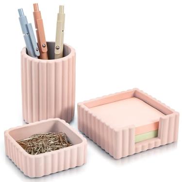 Imagem de KIBAGA Conjunto de 3 acessórios de mesa estéticos modernos - organizadores elegantes de concreto rosa para canetas e materiais de escritório - uma adição bonita e funcional à decoração do seu espaço