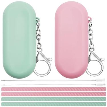 Imagem de Canudos de silicone reutilizáveis, 2 conjuntos de canudos reutilizáveis com estojo para navio de cruzeiro, 4 canudos padrão, 2 bolsas de transporte, 2 escovas de limpeza, canudo de viagem portátil