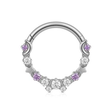 Imagem de FINE4U Argola de nariz 16G 8 mm - ASTM F136 titânio estrela e lua Daith piercing joia, brinco de argola de cartilagem, anéis de septo, clicker articulado sem costura