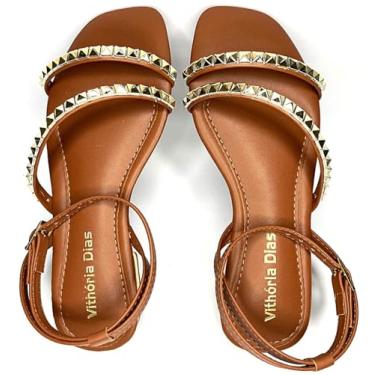 Imagem de Sandália Gladiadora Feminina, Caramelo com Tachas Douradas, Tiras Múltiplas Ajustáveis, Rasteria Nº 37.