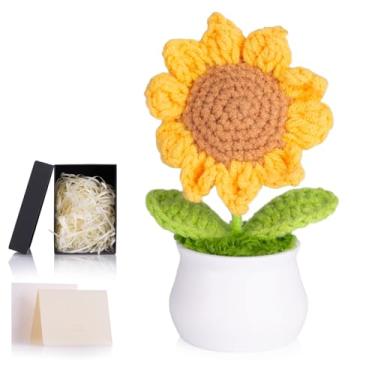 Imagem de ZHIYUXI Flores de crochê, girassóis de crochê artificial, presentes para mulheres, girassóis feitos à mão, flor de malha para painel de carro, decoração de escritório em casa