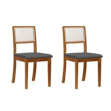 Imagem de Kit 2 Cadeiras De Jantar Luxo Madeira Maciça Mel Encosto Telinha Palha Estofada Linho Cinza Rubi