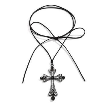 Imagem de Colar Crucifixo Grande Preto Gotico Cravejado Pescoço Cordão Amarrar-Choker Gargantilha Preta Amarração Pingente Cruz com Strass Vintage Festa Halloween Vampiro Retrô Antigo Vitoriana-Gargantilha Cordinha Veludo Amarrar Religioso Datas Especiais Aniversário Amiga Namorada Esposa
