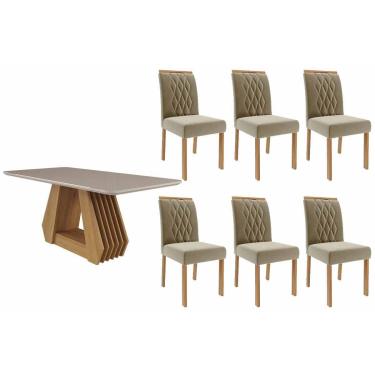 Imagem de Sala de Jantar Completa Ágata Tampo Madeirado c/ Vidro 180x90cm e 6 Cadeiras Juliana Nature/Off White - Carvalho/Suede Joli Capuccino - Cimol