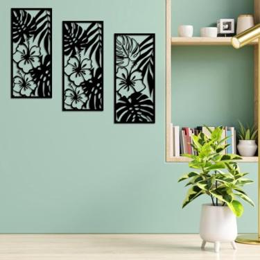 Imagem de Resama Decoração de parede de metal com folhas de palmeira 3 peças arte de parede tropical minimalista hibisco decoração vintage planta tropical escultura de parede para sala de estar quarto banheiro