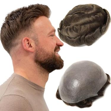 Imagem de BEEOS Toupee de pele fina de 0,06 mm para homens, laço em V, sem nós, peça de cabelo humano real 100% densidade média, 20 x 25 cm invisível 06 PU base natural peruca masculina #7 castanho claro