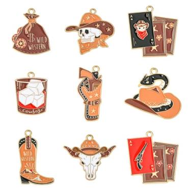 Imagem de UR URLIFEHALL 36 peças, 9 estilos, pingentes de caubói ocidental, liga esmaltada, chapéu de caubói, arma, pingentes de vaca, pingentes para colar, pulseira, chaveiro, fabricação de joias