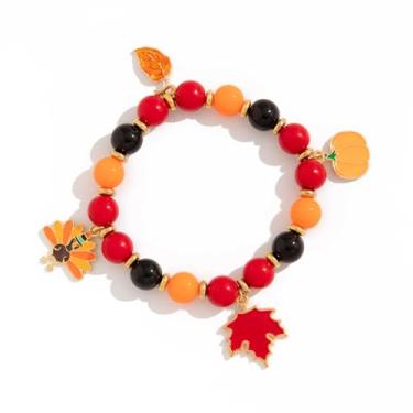 Imagem de RTY Pulseira de folha de bordo de outono colorida com contas de peru e abóbora pulseira ajustável elástica de folha de outono para ela, one size, Zinco, Sem Pedra Preciosa