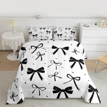 Imagem de jejeloiu Conjunto de cama com laço preto, macio, para meninos e meninas, solteiro, preto, branco, edredom de microfibra, tema de princesa, 2 peças com 1 fronha